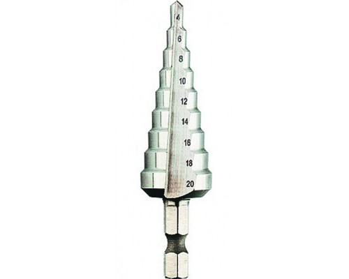 Сверло по металлу ступенчатое 6 - 20 мм, шаг 2 мм, P6M5, 6-гранный хвостовик, (шт.)